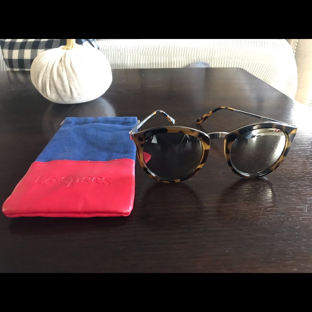 Le Specs mirrored tortoise shell sunglasses, case
